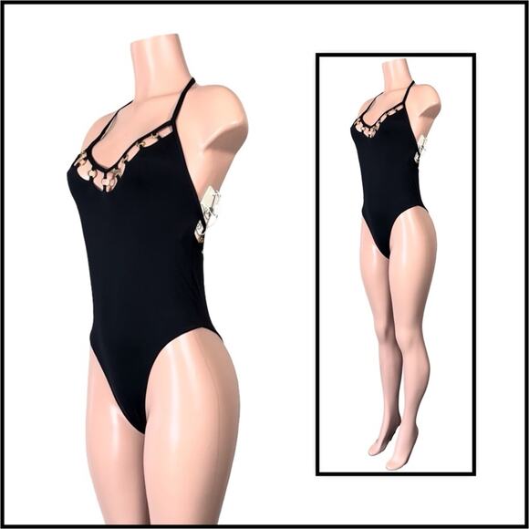 Beach Bunny Black Ireland Coated Rings One Piece SZ M $249 - Picture 4 of 11
